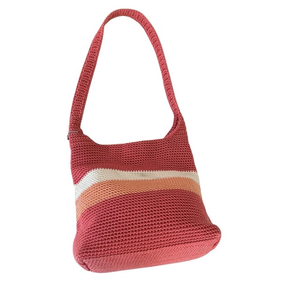 The Sak Crochet Shoulder Bag Pink Orange White Striped Hobo Purse - Picture 7 of 12